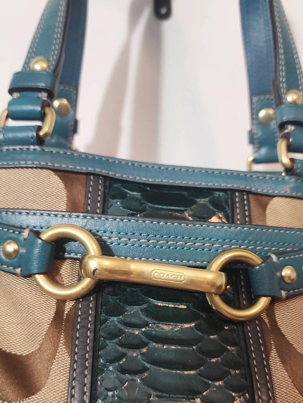 Coach Brown Signature Shoulder Bag with Teal Trim